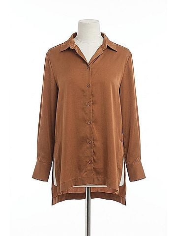 Elan Button Down High Slit Blouse in Brown (view 1)