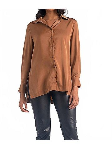 Elan Button Down High Slit Blouse in Brown (view 2)
