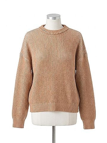 Elan Kendra Ribbed Crewneck Sweater in Tan/White (view 1)