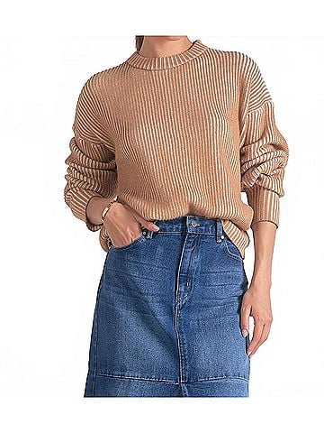 Elan Kendra Ribbed Crewneck Sweater in Tan/White (view 2)