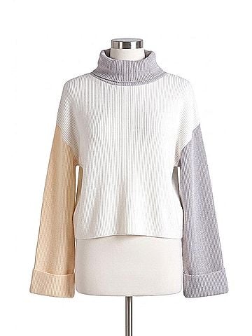 Elan Boxy Colorblock Turtleneck Sweater Top in White/Grey (view 1)