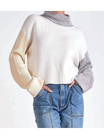 Elan Boxy Colorblock Turtleneck Sweater Top in White/Grey (view 2)