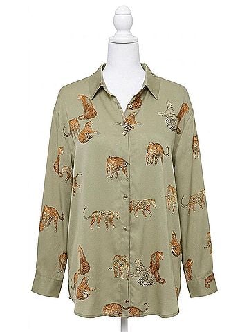 Umgee Satin Animal Print Blouse in Light Olive (view 1)