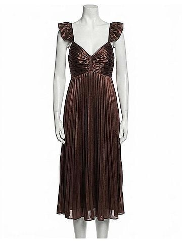 Lalavon Pleated Satin Ruffle Strap Midi Dress in Chocolate (view 1)