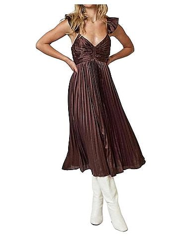 Lalavon Pleated Satin Ruffle Strap Midi Dress in Chocolate (view 2)