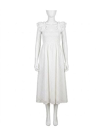Entro Grid Ruffle Sleeve Midi Dress in White (view 1)