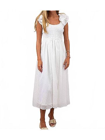 Entro Grid Ruffle Sleeve Midi Dress in White (view 2)