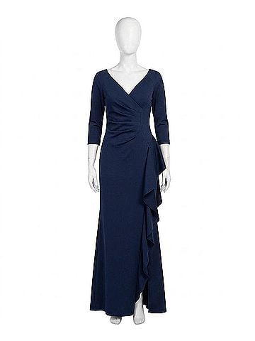 Xscape V-Neck Ruffled Side-Slit Scuba Gown in Navy (view 1)