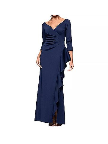 Xscape V-Neck Ruffled Side-Slit Scuba Gown in Navy (view 2)