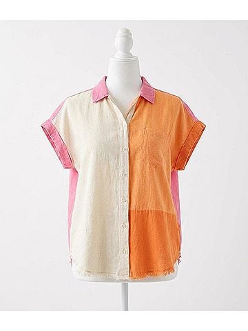 Umgee Color Block Gauze Top in White/Orange (view 1)