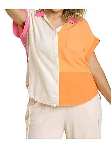 Umgee Color Block Gauze Top in White/Orange (view 2)