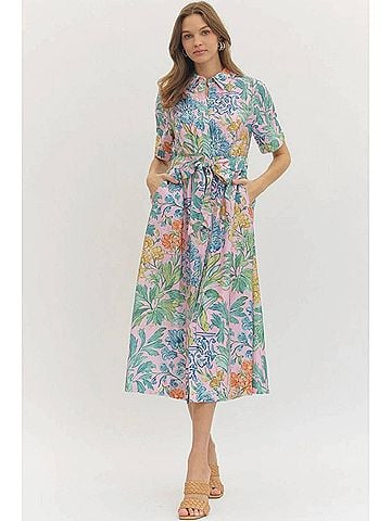 Entro Puff Sleeve Midi Dress With Tie Waist in Pink Floral (view 2)