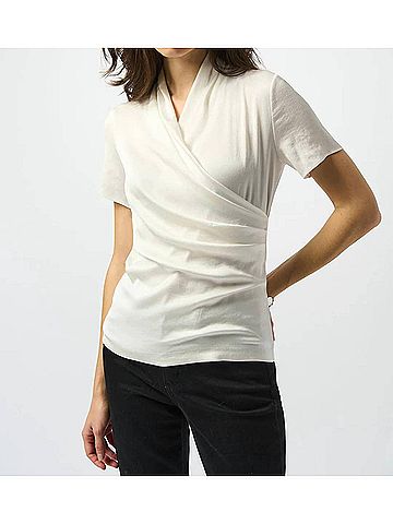 Joseph Ribkoff Faux Wrap Short Sleeve Satin Knit Top in Winter White (view 2)