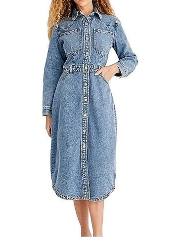 Future Collective Long Sleeve Denim Button Up MIDI Dress Casual Dress (view 1)