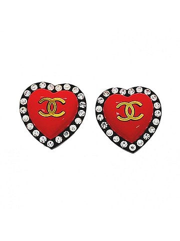 Chanel Chanel Earrings, Coco Mark, GP Plated Plastic, Rhinestones, Gold, Black, Red, Women's, P3164267 (view 1)