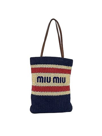 Miu Miu Miu Miu Miu Raffia Cotton Effect Woven Embroidered Tote Bag, Multicolor (view 1)