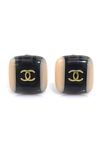 Chanel Chanel earrings, Coco Mark design, resin, metal, black, beige, gold, women's, e62075a (view 1)