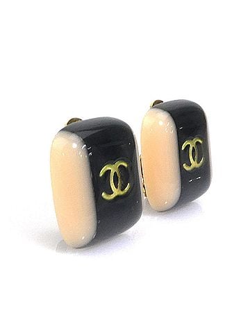 Chanel Chanel earrings, Coco Mark design, resin, metal, black, beige, gold, women's, e62075a (view 2)