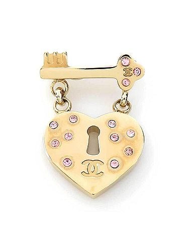 Chanel Chanel brooch, heart lock &amp; key design, metal, rhinestone, gold, pink, women's, e62074i (view 1)