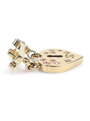 Chanel Chanel brooch, heart lock &amp; key design, metal, rhinestone, gold, pink, women's, e62074i (view 2)