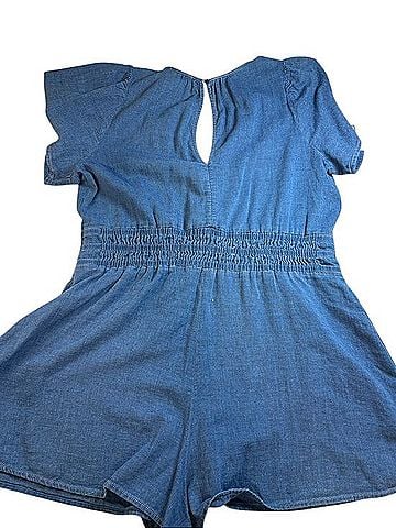 Anthropologie Denim Blue Short-Sleeve Romper with Shirred Waist Overall Shorts (view 2)