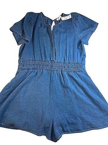 Anthropologie Denim Blue Short-Sleeve Romper with Shirred Waist Overall Shorts (view 1)