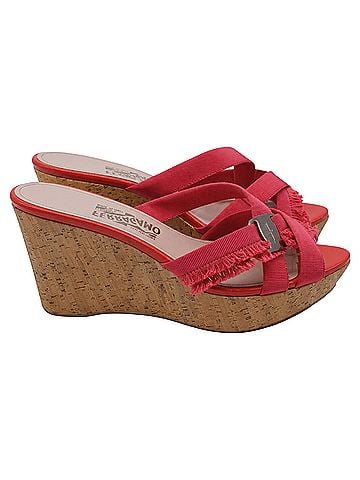 Salvatore Ferragamo Salvatore Ferragamo Criss-Cross Ribbon Wedge Sandals in Red Polyester (view 1)