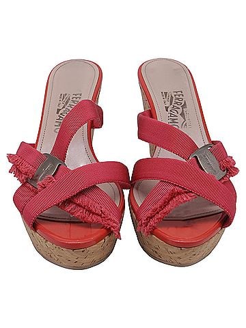 Salvatore Ferragamo Salvatore Ferragamo Criss-Cross Ribbon Wedge Sandals in Red Polyester (view 2)