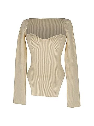 Khaite Khaite Maddy Ribbed-Knit Long Sleeve Top in Cream Viscose (view 1)