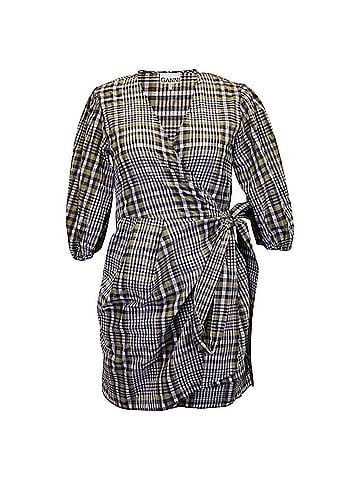 Ganni Ganni Wrap Mini Dress in Plaid Brown Cotton (view 1)