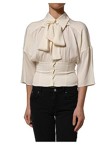 Dolce & Gabbana Off White Ascot Collar Long Sleeves Blouse Women's Top (view 1)