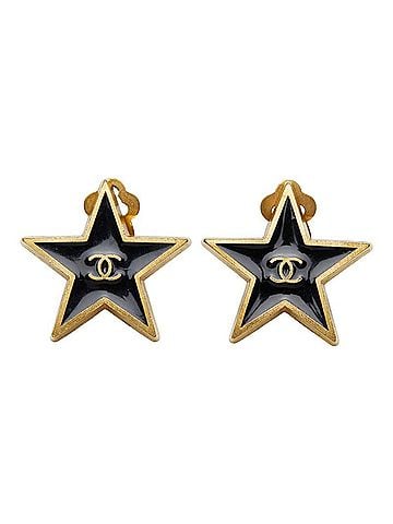 Chanel Chanel Coco Mark Star Motif Earrings, 01P Engraving, Black Gold Plated, Women's CHANEL (view 2)