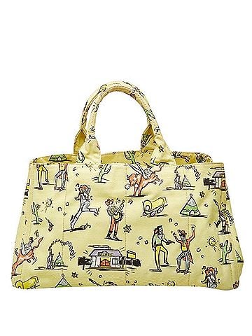 Prada Prada Triangle Logo Plate Canapa Large Tote Bag Printed Yellow Multicolor Canvas Women's PRADA (view 1)