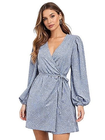 Glamorous Blue Polka Dot Wrap Dress | Puff Sleeve Mini 2 Casual Dress (view 1)