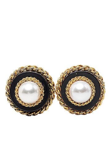 Chanel Chanel Vintage Chain Earrings, Gold and Black Plated, Faux Pearl, Women's. (view 1)