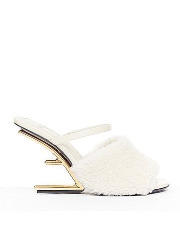 Fendi Fendi First cream shearling gold F heel mule sandals (view 1)