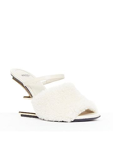 Fendi Fendi First cream shearling gold F heel mule sandals (view 2)