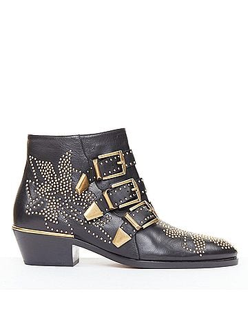 Chloé Chloe Susanna black leather gold floral studded triple buckle boots (view 1)