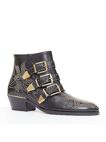 Chloé Chloe Susanna black leather gold floral studded triple buckle boots (view 2)