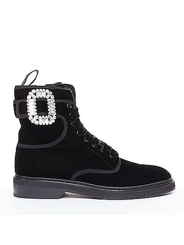 Roger Vivier Roger Vivier Viv Rangers black velvet crystal buckle combat boots (view 1)