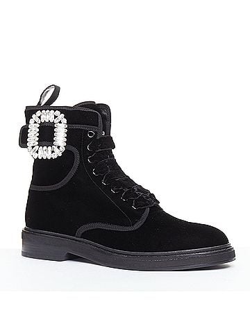 Roger Vivier Roger Vivier Viv Rangers black velvet crystal buckle combat boots (view 2)