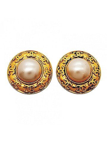 Chanel Chanel Earrings, Coco Mark Circle, GP Plated, Faux Pearl, Gold, Women's (view 1)