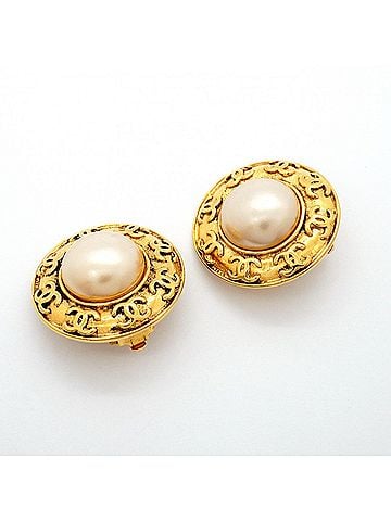 Chanel Chanel Earrings, Coco Mark Circle, GP Plated, Faux Pearl, Gold, Women's (view 2)