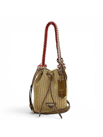 Prada PRADA 1BE068 Crochet Mini Bucket Bag with Triangle Logo, Leather Accents, Raffia, 2-Way Shoulder Bag/Handbag, Natural Finish, Made in Italy, Women's, Dust Bag. (view 1)