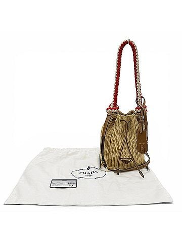 Prada PRADA 1BE068 Crochet Mini Bucket Bag with Triangle Logo, Leather Accents, Raffia, 2-Way Shoulder Bag/Handbag, Natural Finish, Made in Italy, Women's, Dust Bag. (view 2)