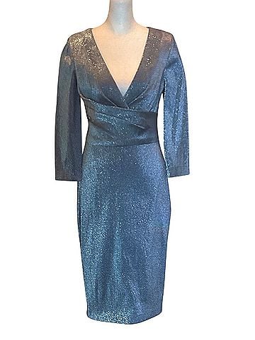 Theia Shimmering Blue Wrap Midi Dress Cocktail Dress (view 1)