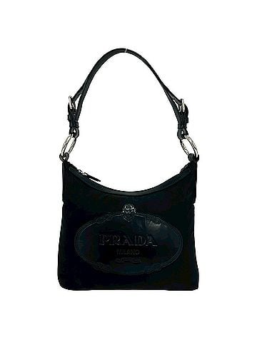 Prada PRADA logo embossed nylon and leather semi-one shoulder bag/tote bag/handbag in black (item number 24857) (view 1)