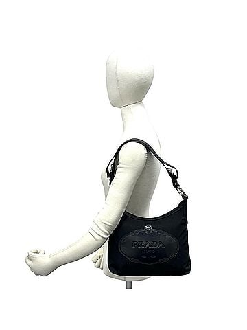 Prada PRADA logo embossed nylon and leather semi-one shoulder bag/tote bag/handbag in black (item number 24857) (view 2)
