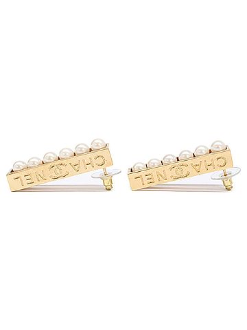 Chanel CHANEL (Chanel) Excellent Condition B23 K 6P Pearl Logo Plate Earrings Gold Women's (view 2)