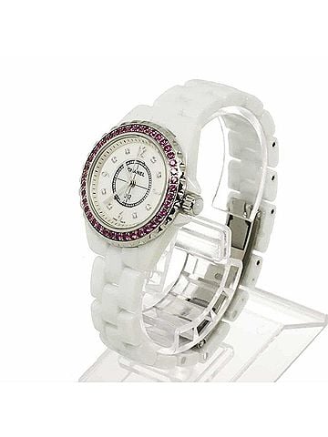 Chanel Chanel J12 29mm H3243 Women's Watch, Pink Sapphire Bezel, 8 Diamonds, White Shell Ceramic Quartz Watch (view 2)